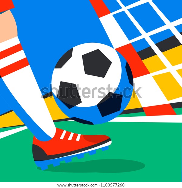 スタジアムのサッカーカップの背景にサッカーボールを持つサッカー選手 ロシアへようこそ ロシアのサッカー選手 ペナルティ フラットスタイルのフルカラー イラスト ベクターイラスト のベクター画像素材 ロイヤリティフリー