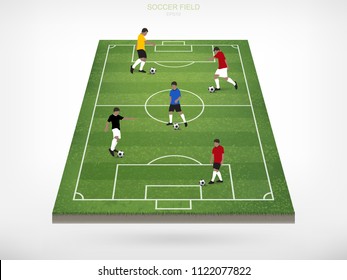 Soccer player and soccer football ball in area of soccer field with white background. Abstract action of outdoor sport for create soccer game. Vector Illustration