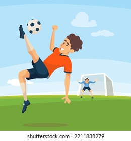 Jugador de fútbol. jugador de fútbol golpeando al balón. actividades deportivas al aire libre vectoriales