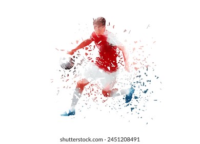 Soccer player, football, isolated low poly vector illustration with shatter effect, front view