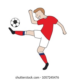 Soccer player of the football team of Russian Federation kicking a football ball. Footballer wearing uniform of Russia. Footballer Vector Isolated white background. 
