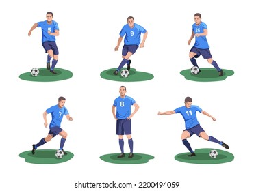 Soccer player, footballer, football player. Group of 6 players in different pose. Flat vector illustration.