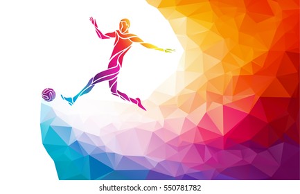 Soccer player. Footballer kicks the ball in trendy abstract colorful polygon style with rainbow back