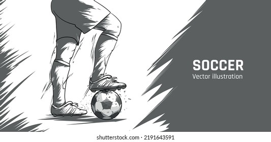 Soccer player getting ready to shoot a soccer ball. Football tournament black and white banner design.