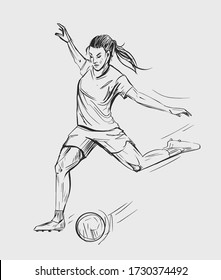 Jugador de fútbol. La jugadora de fútbol femenino corre con la ilustración vectorial dibujada por ballHand. Negro sobre fondo transparente