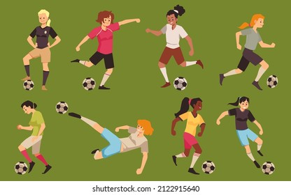 Soccer player girl vector cartoon avatar. Women play football sport, different poses and diverse female players: black with afro and hispanic, white blonde and ginger. Women sport vector illustration.