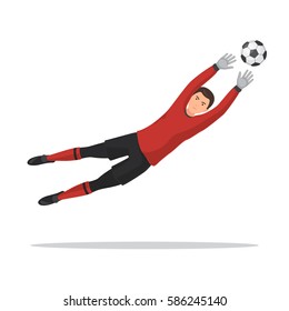 Soccer player goalkeeper jumps jumps and catches the ball. Vector illustration in cartoon style, isolated on white background