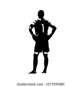 Soccer player goalkeeper standing with hands on hips, isolated vector silhouette, ink drawing