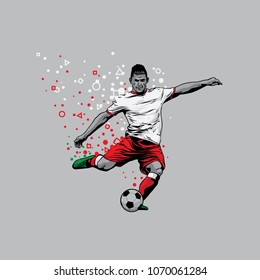 soccer player with a graphic trail kick the ball with white and red jersey