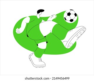 Soccer player in green uniform kicks ball. Football. Vector illustration of sport game in flat style with outline. Hitting ball. Isolated footballer template. Line art.