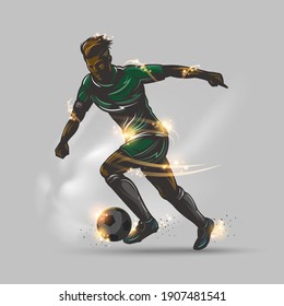 Soccer player green uniform run with ball on gray background