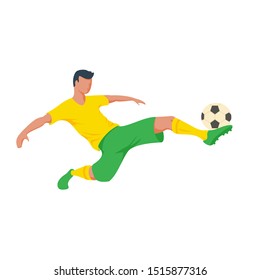 Soccer player in green and yellow form. Player Kicking Ball. Vector illustration on white background.