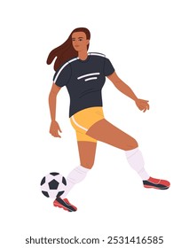 Soccer player. Happy female athlete running and kicking ball. Woman plays in European football league. Sports and activity. Flat vector illustration isolated on white background