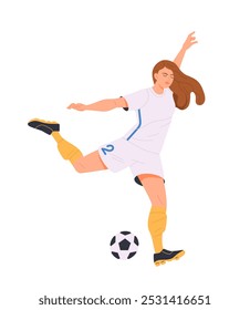 Soccer player. Happy female athlete playing European football game, running and kicking ball. Sports and activity. Championship or competition. Flat vector illustration isolated on white background