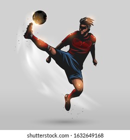Soccer player high jumping kick design on gray background