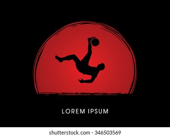 Soccer player hit the ball, Bicycle Kick designed on sunset or sunrise background graphic vector.