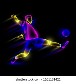 Soccer player hits the soccer ball. Abstract neon transparent overlay layers look like a virtual football player character.