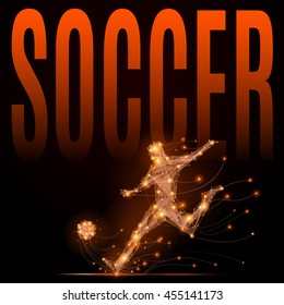 Soccer player hits the ball. Abstract silhouette of football player of glowing lines and points in motion. Imitation fiery athletes body. Vector sport illustration on black background