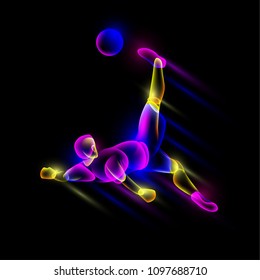 Soccer player hits the soccer ball in falling through himself. Abstract neon transparent overlay layers look like a virtual football player character.