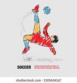 Soccer player hits the ball in falling. Vector outline of soccer player with scribble doodles.