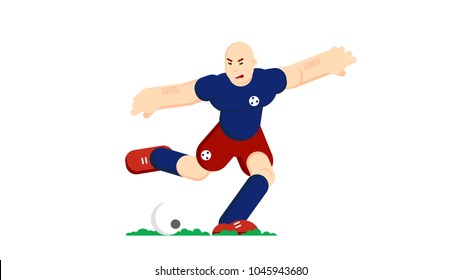 Soccer player hits the ball. Flat vector illustration. Isolated on white background
