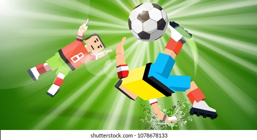 Soccer player hits the ball on green background.