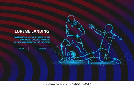 Soccer player hits the ball in the tackle. Vector Sport Background for Landing Page Template.