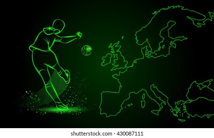 Soccer player hits the soccer ball. Vector Euro football neon illustration with a map of Europe on the background.