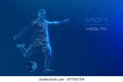 Soccer player hitting the ball. soccer the most famous game in the world. healthy lifestyle particle divergent composition vector illustration. plexus. wireframe. low poly. dark-blue background.