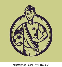 Soccer player holding ball. Concept art of football in monochrome style.