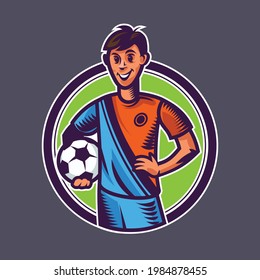 Jugador de fútbol sosteniendo la pelota. Arte conceptual de fútbol al estilo de las caricaturas.