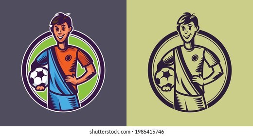 Soccer player holding ball in different styles. Football concept art.