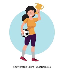soccer player holding a golden trophy, Win teen girl with trophy award. Female student excited. vector character flat cartoon.