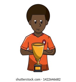 Soccer player holding trophy cup sport game cartoon vector illustration graphic design