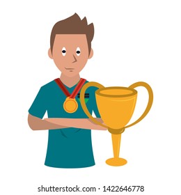 Soccer player holding trophy cup sport game cartoon vector illustration graphic design