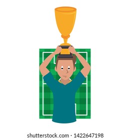 Soccer player holding trophy cup on playfield cartoon vector illustration graphic design