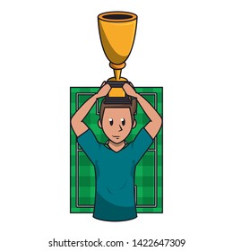 Soccer player holding trophy cup on playfield cartoon vector illustration graphic design