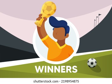 Soccer Player Holding the Trophy of Winners over Studium - Stock Vector