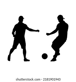 Soccer player icon isolated on white background. Two soccer players black silhouette. Group of footballers with ball. Footballer kicking ball. Team sport. Player shooting. Stock vector illustration