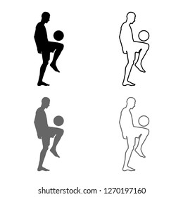 Soccer player juggling ball with his knee or stuffs the ball on his foot silhouette icon outline set grey black color