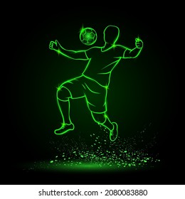 Soccer player jump with ball and  trapping by chest. Football sport green neon illustration.