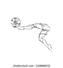 Soccer player in a jump, kicks the ball scoring a goal. Hand drawn Sketch of male athletic Legs in motion for Logo sports event, championship and team games icon. Part of man in comic style, vector