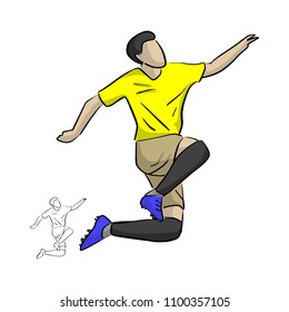 soccer player jumping for celebrating his goal vector illustration sketch doodle hand drawn with black lines isolated on white background