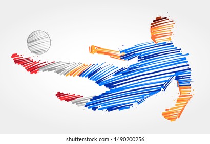 Soccer player jumping to kick the ball made in blue and grayscale brush strokes