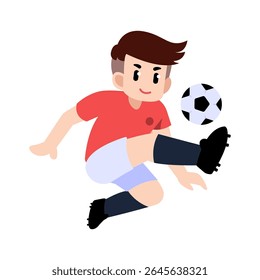 Um jogador de futebol pulando e chutando a bola