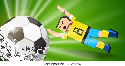 Soccer player jumps for the ball on green background. Soccer player against the background of the stadium 