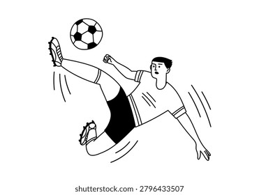 A soccer player jumps to kick the ball. Active sports, game, match. Vector doodle illustration