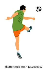 Soccer player kick the ball in action vector illustration isolated on white background. Football player battle for the ball and position. Member of national team. Sport man super star.
