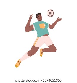 Soccer player kick ball by chest, football sport, football play activity champion. Vector football tournament team player wearing uniform. Sportsman flat cartoon character