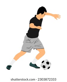 Soccer player kick the ball in dribbling vector illustration isolated on white background. Football game attraction, effective move. Spectacle for public. Sport man in battle for ball and position.